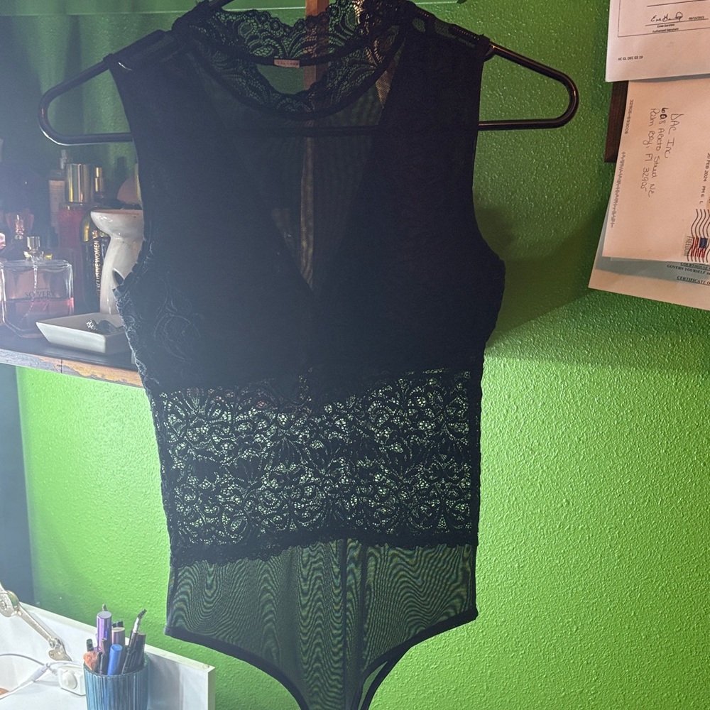 Charlotte Russe Black Sheer Lace Bodysuit